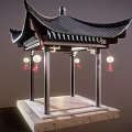 Traditional Chinese Pavilion Featuring Curved Black Roof Hanging Red Lanterns And Stone Base