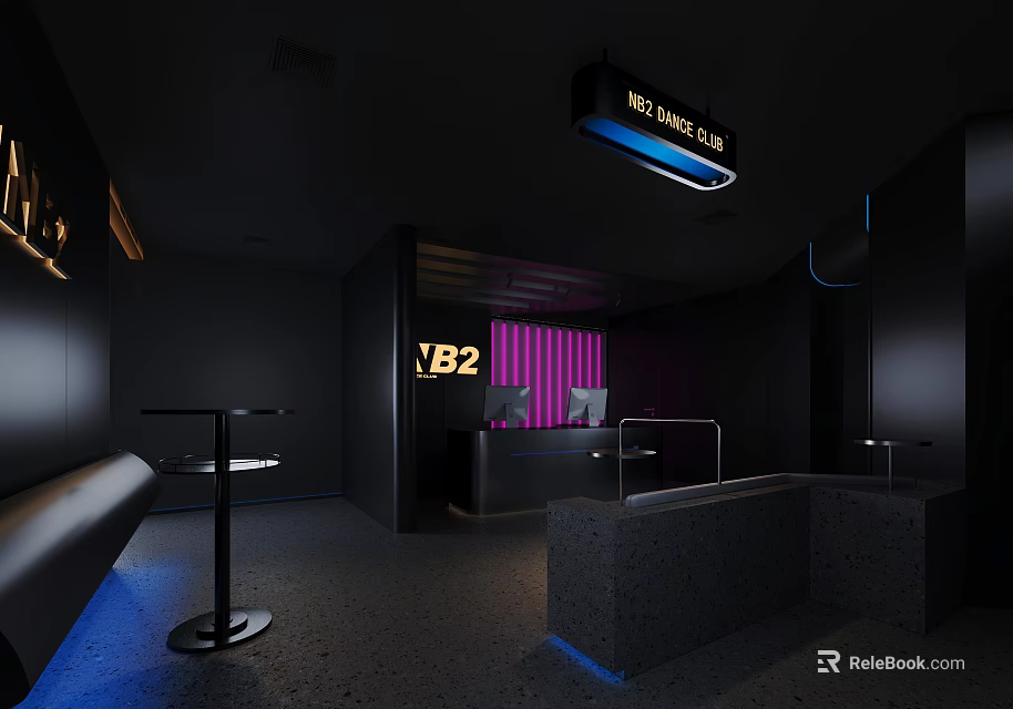 YB2 Neon Light Bar Interior with Black Tone Purple Curtain Counter and Blue Lighting 3d model 