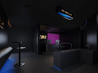 YB2 Neon Light Bar Interior with Black Tone Purple Curtain Counter and Blue Lighting 3d model