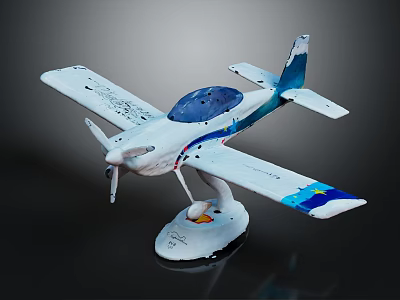 Stylish Blue White Airplane Model With Detailed Propeller And Decorative Base 3d model