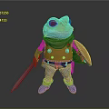 Frog Game Movie Character Wearing Golden Armor With Scarf Sword Shield And Blue Boots