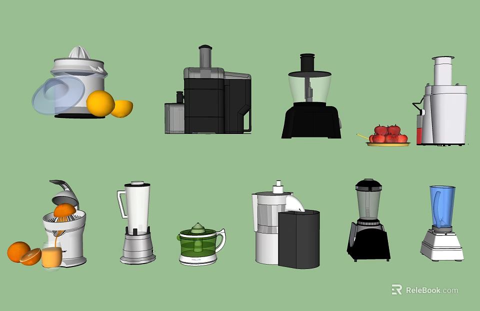 Essential Kitchen Appliances Collection Featuring Juicer Blender Food Processor And Fresh Fruits 3d model 