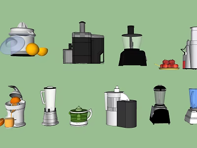 Essential Kitchen Appliances Collection Featuring Juicer Blender Food Processor And Fresh Fruits 3d model