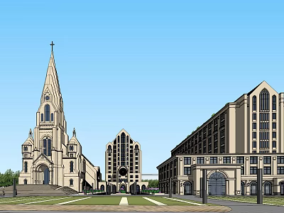 Historic Architectural Complex Featuring Spire Arched Windows And Symmetrical Stone Design 3d model