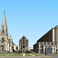 Historic Architectural Complex Featuring Spire Arched Windows And Symmetrical Stone Design