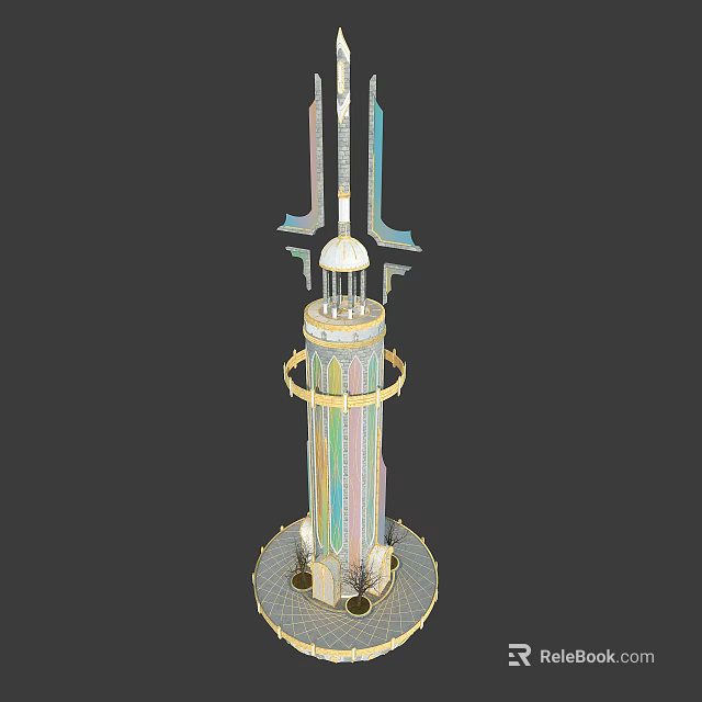 Cartoon Scene of Colorful Glass Tower with Golden Decorative Rings White Dome and Ornate Base 3d model 