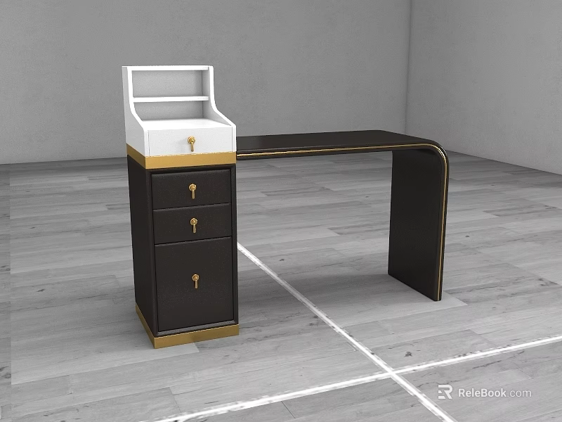 Modern Black Gold Dressing Table With Drawers And Mirror Top 3d model 
