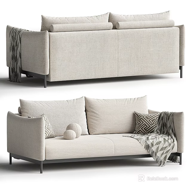 Spacious Beige Linen Sofa With Geometric Pillows Throw Blanket And Decorative Balls 3d model 