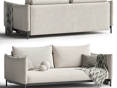 Spacious Beige Linen Sofa With Geometric Pillows Throw Blanket And Decorative Balls 3d model