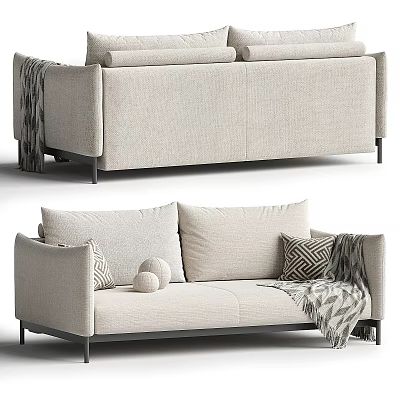 Spacious Beige Linen Sofa With Geometric Pillows Throw Blanket And Decorative Balls 3d model