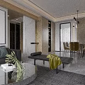 Modern Living Dining Room Interior With Gray Sofa White Marble Coffee Table And Green Plant