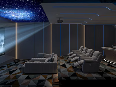 Modern Home Theater Room With Starry Sky Ceiling Projector And Comfortable Recliner Seats 3d model