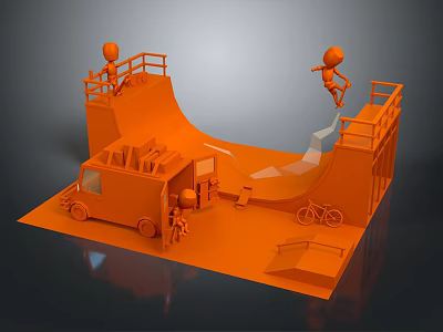 Orange Skate Park Scene With Ramp Figures Food Truck And Bicycle 3d model