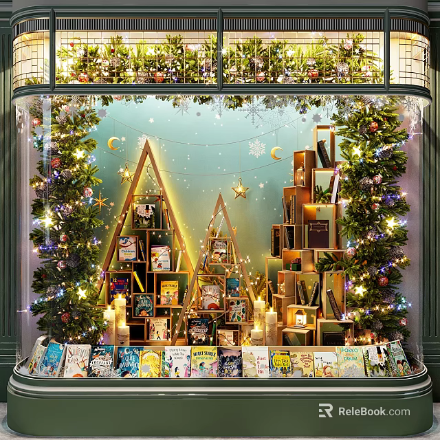 Festive Christmas Shop Window Display With Decorative Trees Stacked Books Stars Moon And Lights 3d model 