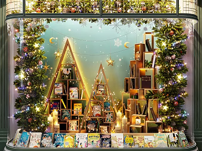 Festive Christmas Shop Window Display With Decorative Trees Stacked Books Stars Moon And Lights 3d model