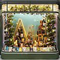 Festive Christmas Shop Window Display With Decorative Trees Stacked Books Stars Moon And Lights
