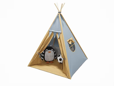 Kids Play Tent with Blue and Beige Design Penguin Toy and Soccer Ball 3d model