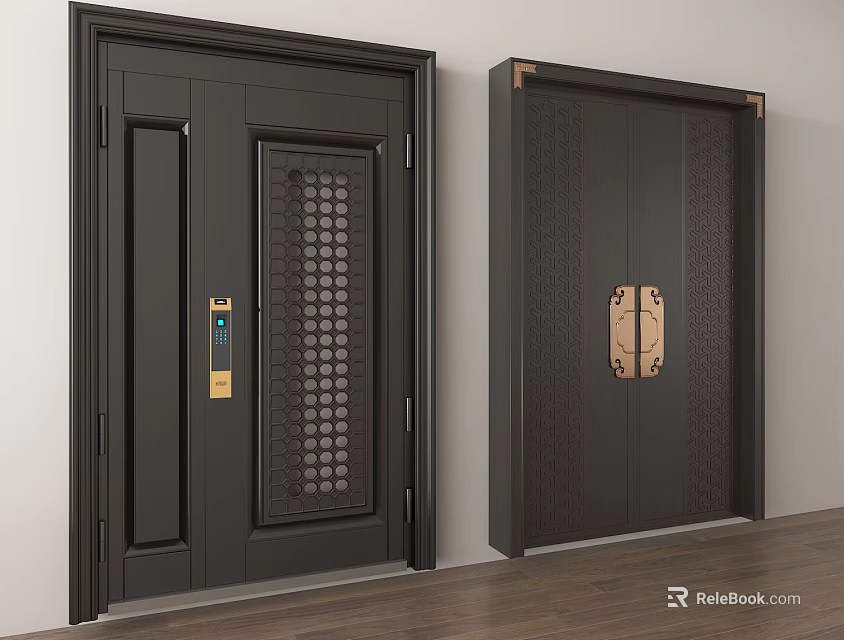 Black Security Doors With Smart Lock Grid Design And Carved Texture Golden Handles 3d model