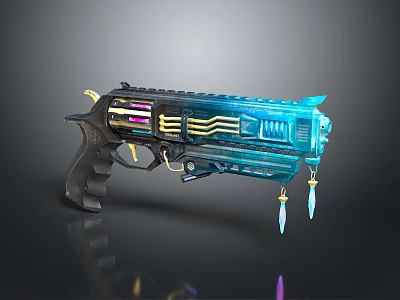 Futuristic Sci Fi Pistol With Blue Purple Accents Gold Details And Crystal Pendants 3d model