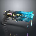 Futuristic Sci Fi Pistol With Blue Purple Accents Gold Details And Crystal Pendants