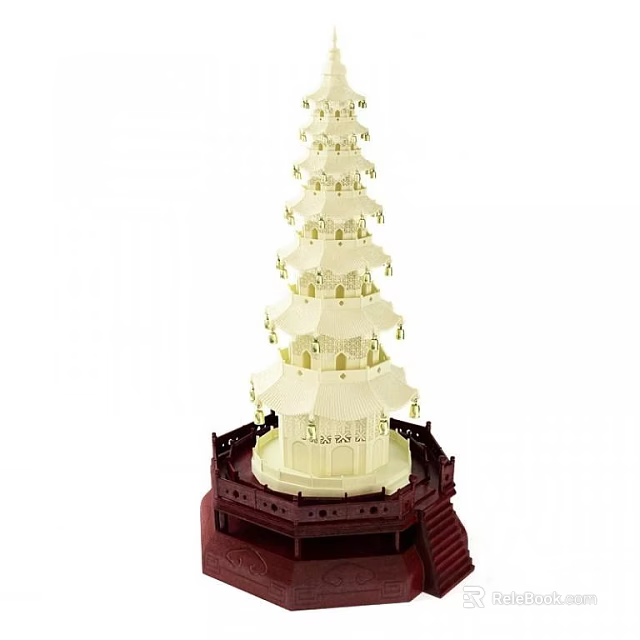 Multi tiered Ivory White Decorative Ornament Set With Dark Red Base And Intricate Carving 3d model 