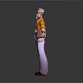 3D Game Movie Character With White Hair Glasses Orange Shirt Purple Pants Standing Arms Outstretched