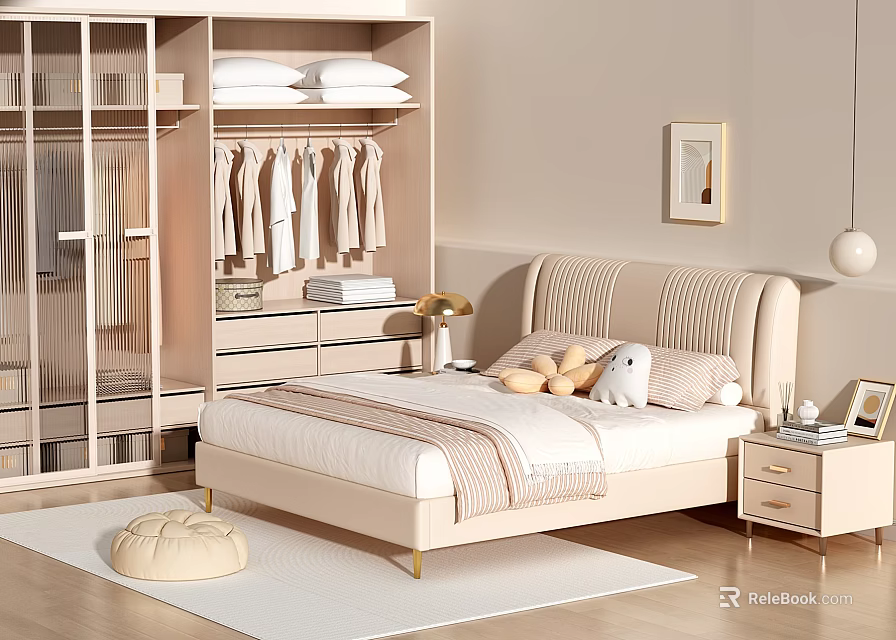 Cozy Beige Bedroom Interior Design With Upholstered Headboard Light Wardrobe Glass Doors And Plush Toys 3d model 