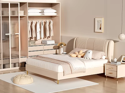 Cozy Beige Bedroom Interior Design With Upholstered Headboard Light Wardrobe Glass Doors And Plush Toys 3d model