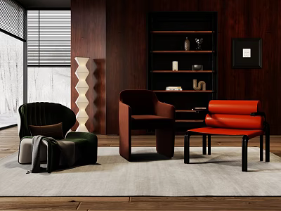 Green Brown Orange Leisure Chairs In Modern Wooden Interior With Decor Elements 3d model