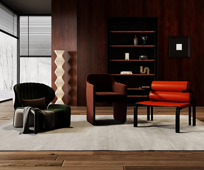 Green Brown Orange Leisure Chairs In Modern Wooden Interior With Decor Elements 3d model
