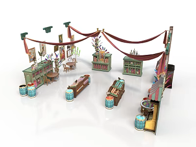 Vintage Small Building Structures Featuring Green Cabinets Red Awnings Wooden Barrels And Tables 3d model