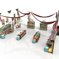 Vintage Small Building Structures Featuring Green Cabinets Red Awnings Wooden Barrels And Tables