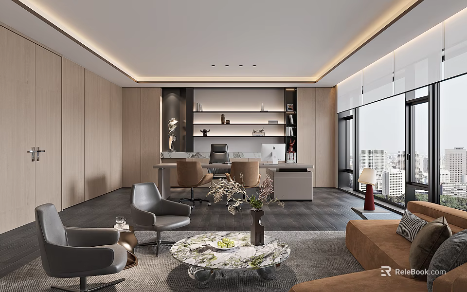 Modern Office Interior Design With Sofa Chairs Coffee Table Bookshelves And Large Windows 3d model 