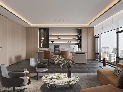 Modern Office Interior Design With Sofa Chairs Coffee Table Bookshelves And Large Windows 3d model