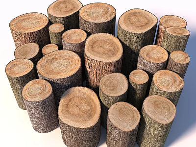 Stacked Wooden Stumps Of Various Sizes Showing Tree Trunk Cross Section Texture And Growth Rings 3d model