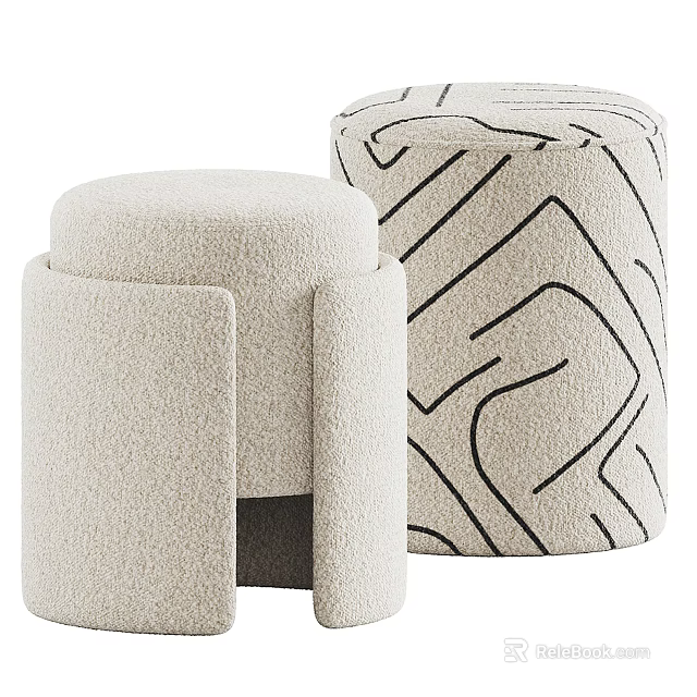 Modern Stylish Stools With Soft Beige Fabric And Black Geometric Pattern Design For Home Decor 3d model 