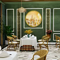 Elegant Restaurant Interior With Green Walls Wooden Ceiling Rattan Chairs And White Tablecloths