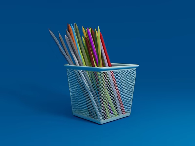 Vibrant Colored Pencils Filled in Metal Mesh Pen Holder on Blue Background 3d model