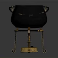 Traditional Black Household Cauldron With Two Handles On Ornate Golden Stand