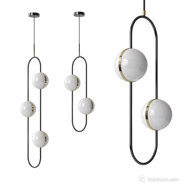 Three Modern Pendant Lights With White Spherical Lamps And Black Metal Frames 3d model 
