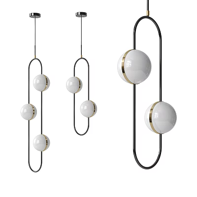 Three Modern Pendant Lights With White Spherical Lamps And Black Metal Frames 3d model