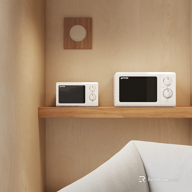Light Wooden Wall Kitchen With Two Emjoi Microwaves On Wooden Shelf As Kitchen Appliances 3d model 