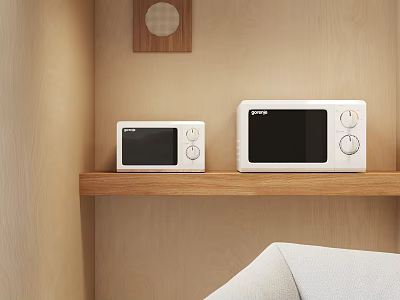Light Wooden Wall Kitchen With Two Emjoi Microwaves On Wooden Shelf As Kitchen Appliances 3d model