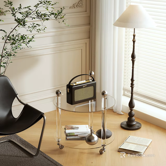 Glass Side Table with Vintage Radio Magazines and Black Chair Near Floor Lamp 3d model 