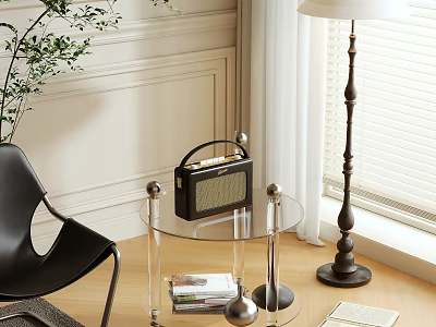 Glass Side Table with Vintage Radio Magazines and Black Chair Near Floor Lamp 3d model
