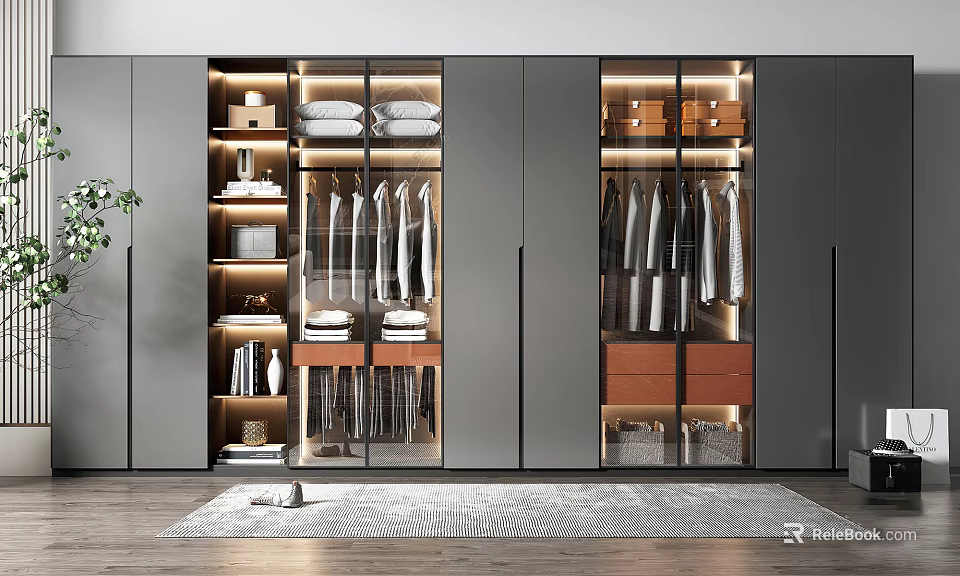 Modern Wardrobe Interior With Glass Doors Shelves Hanging Space And Built In Lighting 3d model 
