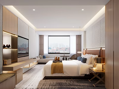 Modern Hotel Room Interior With King Size Bed Large Window And Flat Screen TV 3d model