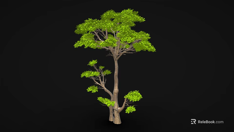 Cartoon Tree Scene With Lush Green Leaves Brown Trunk Multiple Branches And Black Background 3d model 