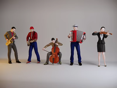 Group of people playing various musical instruments including saxophone guitar cello accordion and violin 3d model
