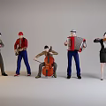 Group of people playing various musical instruments including saxophone guitar cello accordion and violin